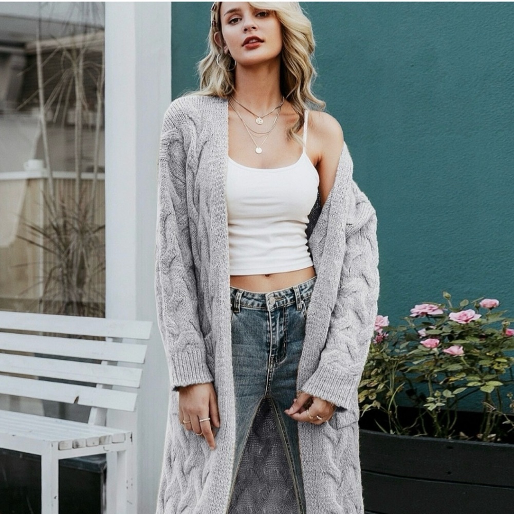 Joie Light Gray Cable Knit Open-Front Long Cardigan XL